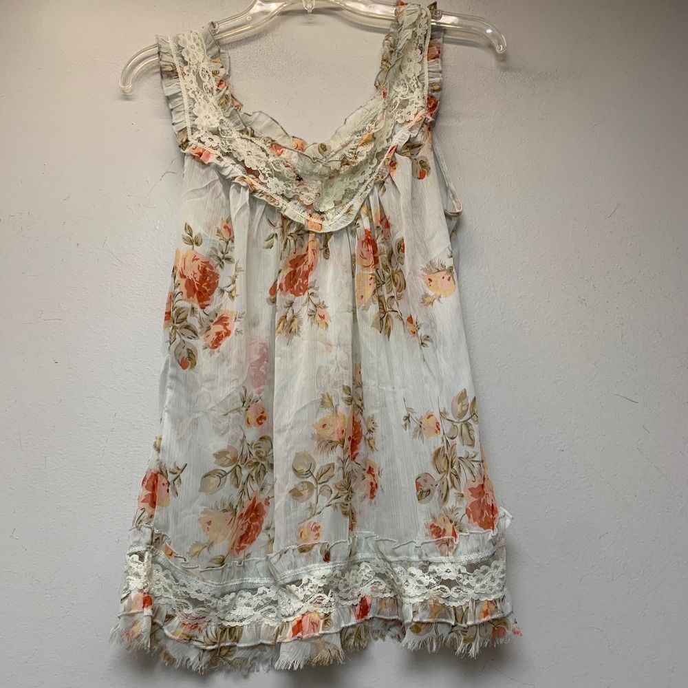 Passport Babydoll Top Womens Large White Floral Lace Ruffle Boho Good 15157